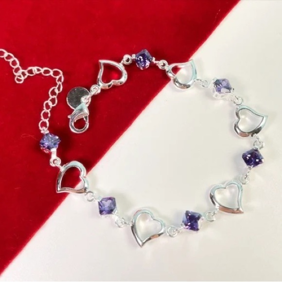 925 Sterling Silver Bracelet Heart Purple Crystal Zircon Bracelet For Woman - Picture 2 of 4
